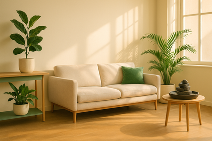 Sun-lit minimalist living room styled for modern Feng Shui, warm ivory walls with jade-green accents, round metal tray and small tabletop fountain, plants in ceramic pots, clear walking path, soft morning light, editorial interior photography, copy space on left, ultra-realistic, high-end decor magazine look. 3:2 banner.