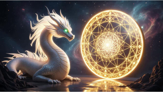 White Dragon facing a glowing gold magical orb, representing the 2026 Fire Horse Year Prediction for Dragon Destiny and Life Path Numerology.