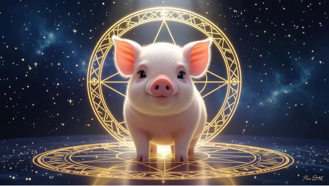 Cute Pig standing on a glowing gold celestial chart, representing the 2026 Fire Horse Year Prediction for Pig Destiny and Life Path Numerology.