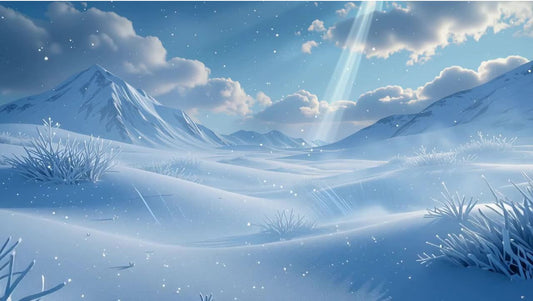 Vast winter snowscape under blue sky and snow-capped mountains, symbolizing Winter birth energy needing the Fire element.