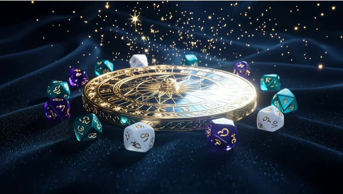 Gold cosmic divination compass and astrological dice, comparing Zi Wei Dou Shu and Western Astrology life focus.