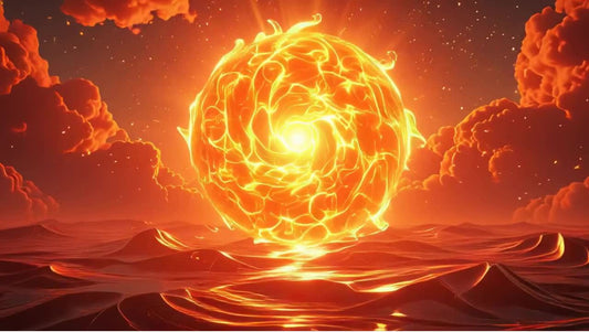 Intense orange fiery sun over ocean waves, symbolizing Summer birth energy needing the Water element.