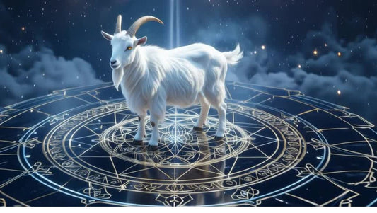 Goat standing on a blue energy rune, representing the 2026 Fire Horse Year Prediction for Goat Destiny and Life Path Numerology.
