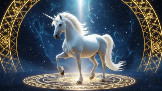 White Unicorn/Horse standing on a gold magic circle, representing the 2026 Fire Horse Year Prediction for Horse Destiny and Life Path Numerology.
