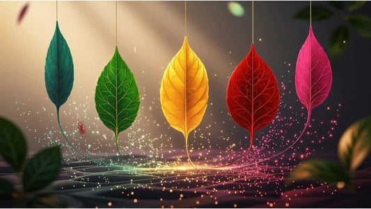 Five colored leaves connected by glowing energy lines, representing the Eastern Five Elements and Life Force Code science.