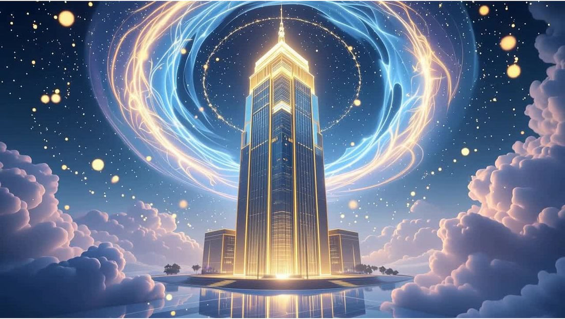 Futuristic tower surrounded by swirling cosmic energy and glowing light rings, symbolizing Feng Shui wealth power, cosmic resonance, and high-frequency magnetic fields.
