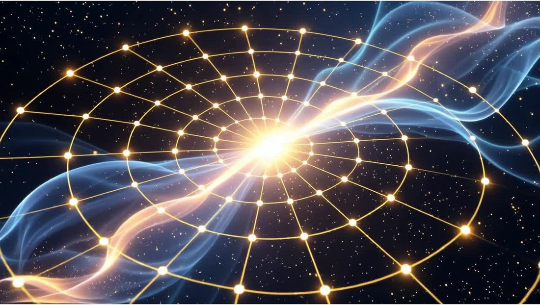 Golden grid network and cosmic energy waves, illustrating personal cosmic coordinates for effortless success and destiny alignment.