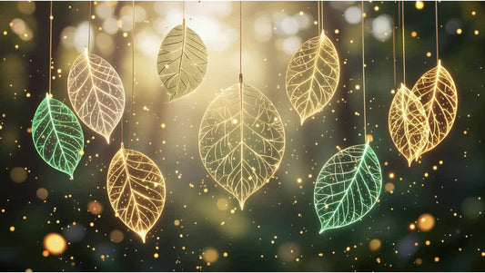Glowing leaves with visible energy veins, symbolizing soul contracts and energy connections in karmic relationships.