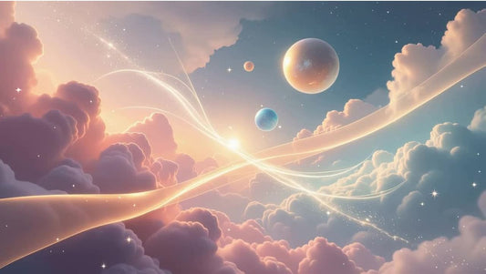 Cosmic energy illustration of planets, glowing light paths, and ethereal clouds symbolizing karmic connections, destiny alignment, and universal soul relationships.