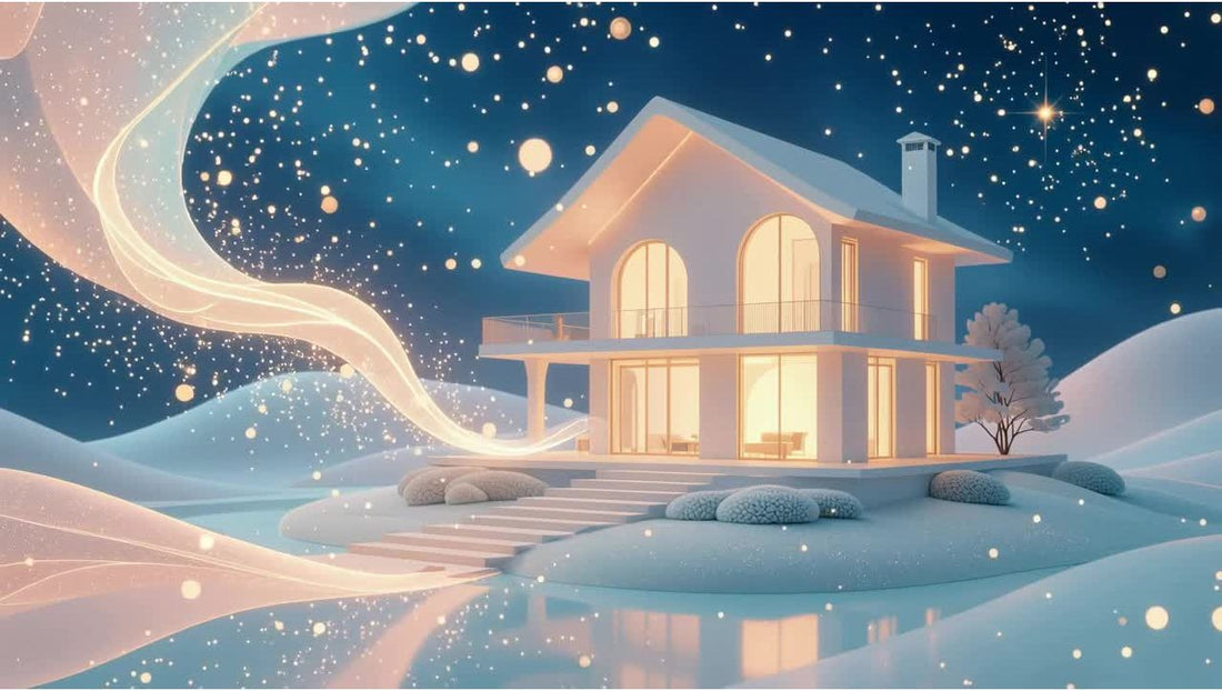 Feng Shui illustration of a glowing home surrounded by flowing energy lines and starlit sky, symbolizing household luck, chi movement, and hidden energy imbalances.