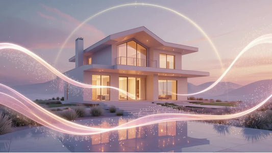 Feng Shui illustration of a modern home with flowing energy lines, symbolizing the Southwest sector’s influence on kitchen placement, luck, and family harmony.