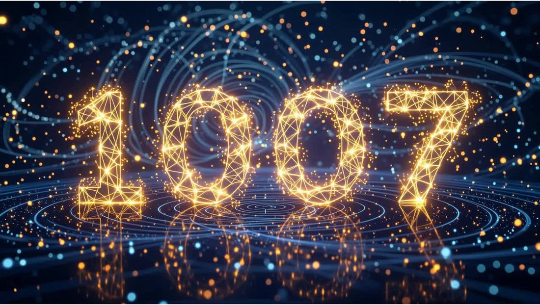 Glowing golden numbers (1007) within a quantum blue network, symbolizing the power of personal number codes and destiny shaping.