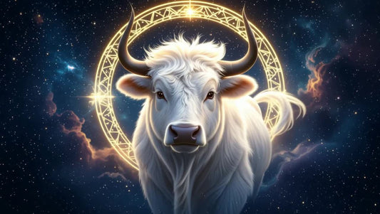 Powerful White Ox within a gold cosmic rune ring, representing the 2026 Fire Horse Year Prediction for Ox Destiny and Life Path Numerology.