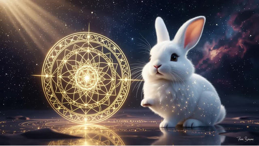White Rabbit next to a glowing gold celestial orb, representing the 2026 Fire Horse Year Prediction for Rabbit Destiny and Life Path Numerology.