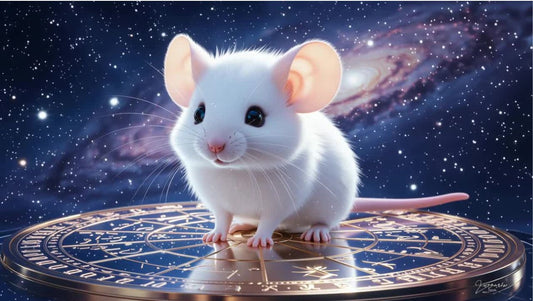 Cute White Rat standing on a gold celestial chart, representing the 2026 Fire Horse Year Prediction for Rat Destiny and Life Path Numerology.