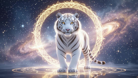 Majestic White Tiger standing on a gold magic circle, representing the 2026 Fire Horse Year Prediction for Tiger Destiny and Life Path Numerology.