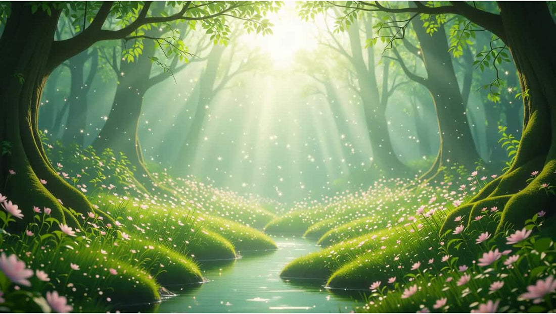 Lush spring forest with glowing light and pink flowers, symbolizing spring birth energy and the need for Metal element.