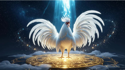 White Rooster standing on a gold celestial chart, representing the 2026 Fire Horse Year Prediction for Rooster Destiny and Life Path Numerology.