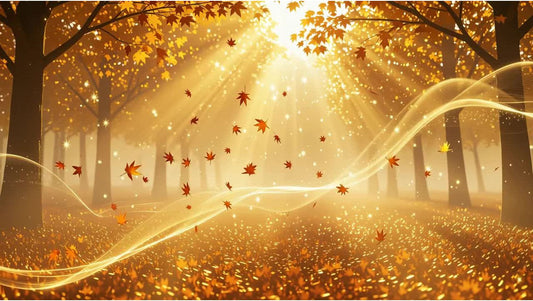 Golden autumn forest floor covered in orange leaves and bright sunshine, symbolizing Autumn birth energy needing the Wood element.