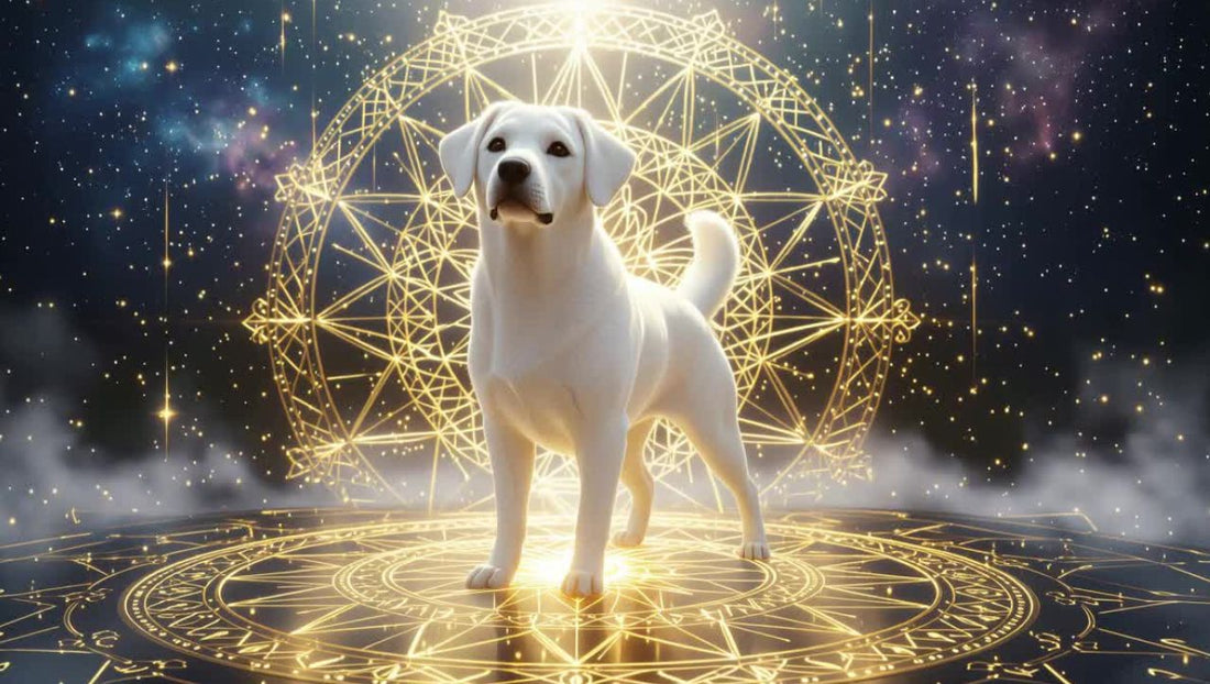 White Labrador Dog standing on a gold celestial chart, representing the 2026 Fire Horse Year Prediction for Dog Destiny and Life Path Numerology.