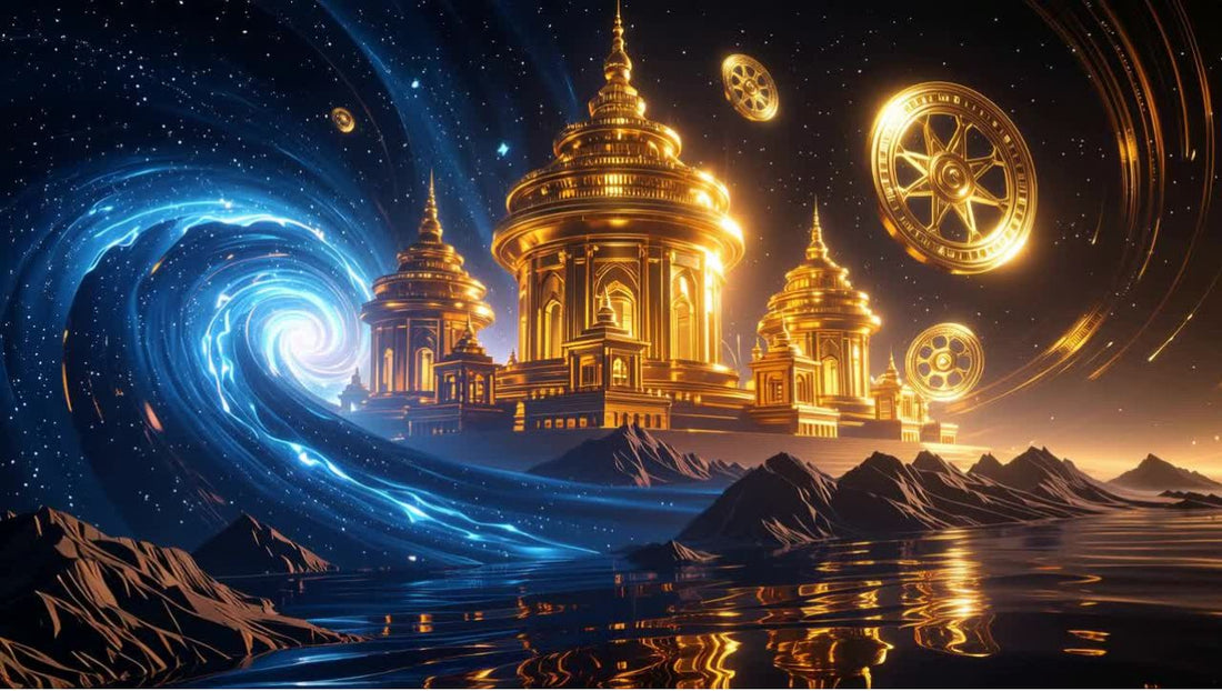 Golden Palace of Abundance next to a cosmic blue vortex, illustrating hidden life cycles and billionaire destiny numerology.