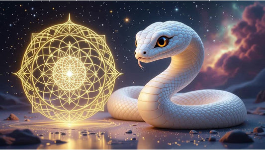 White Snake facing a glowing golden rune wheel, symbolizing Snake Zodiac wisdom and destiny numerology.