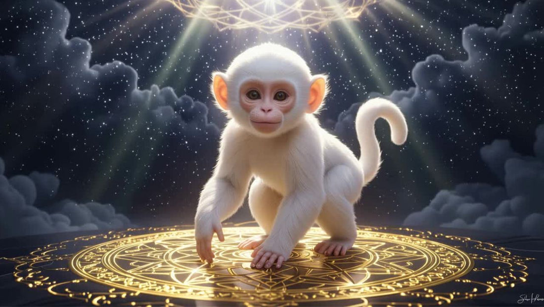 Cute White Monkey on a gold celestial chart, representing Monkey Zodiac destiny and Life Path Numerology forecast.